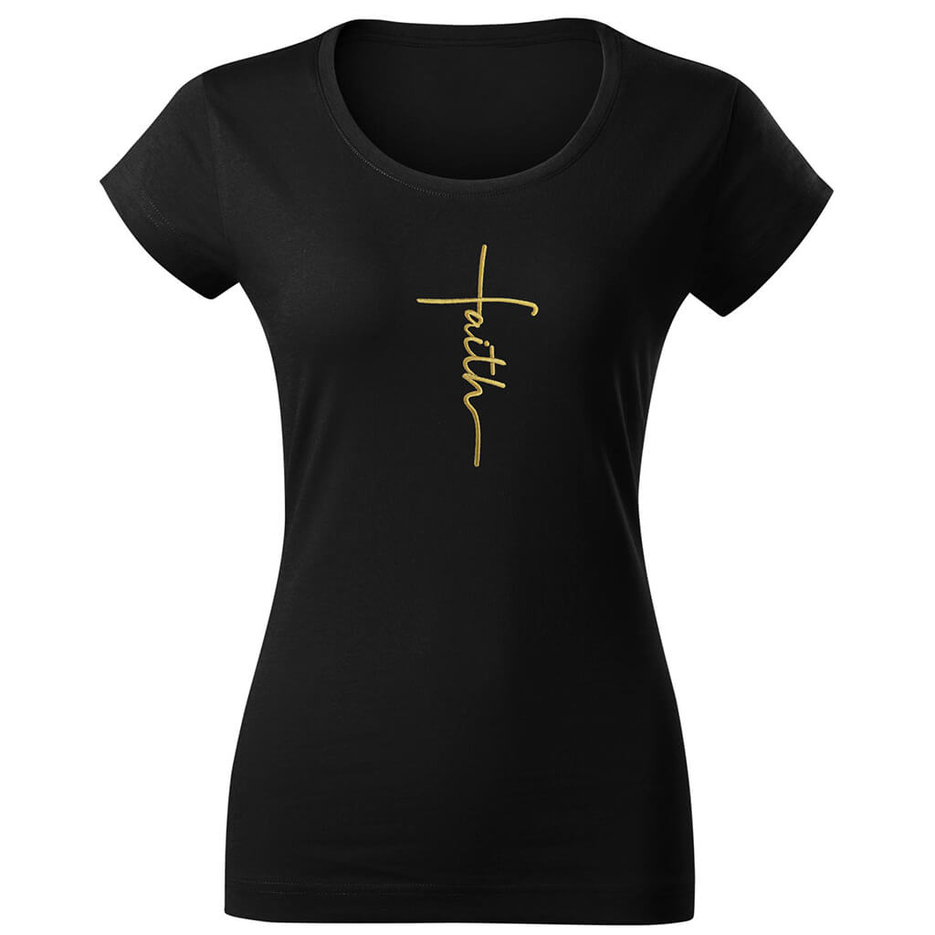 Тениска с бродерия – Faith (размер: M; черен цвят; дамска кройка)